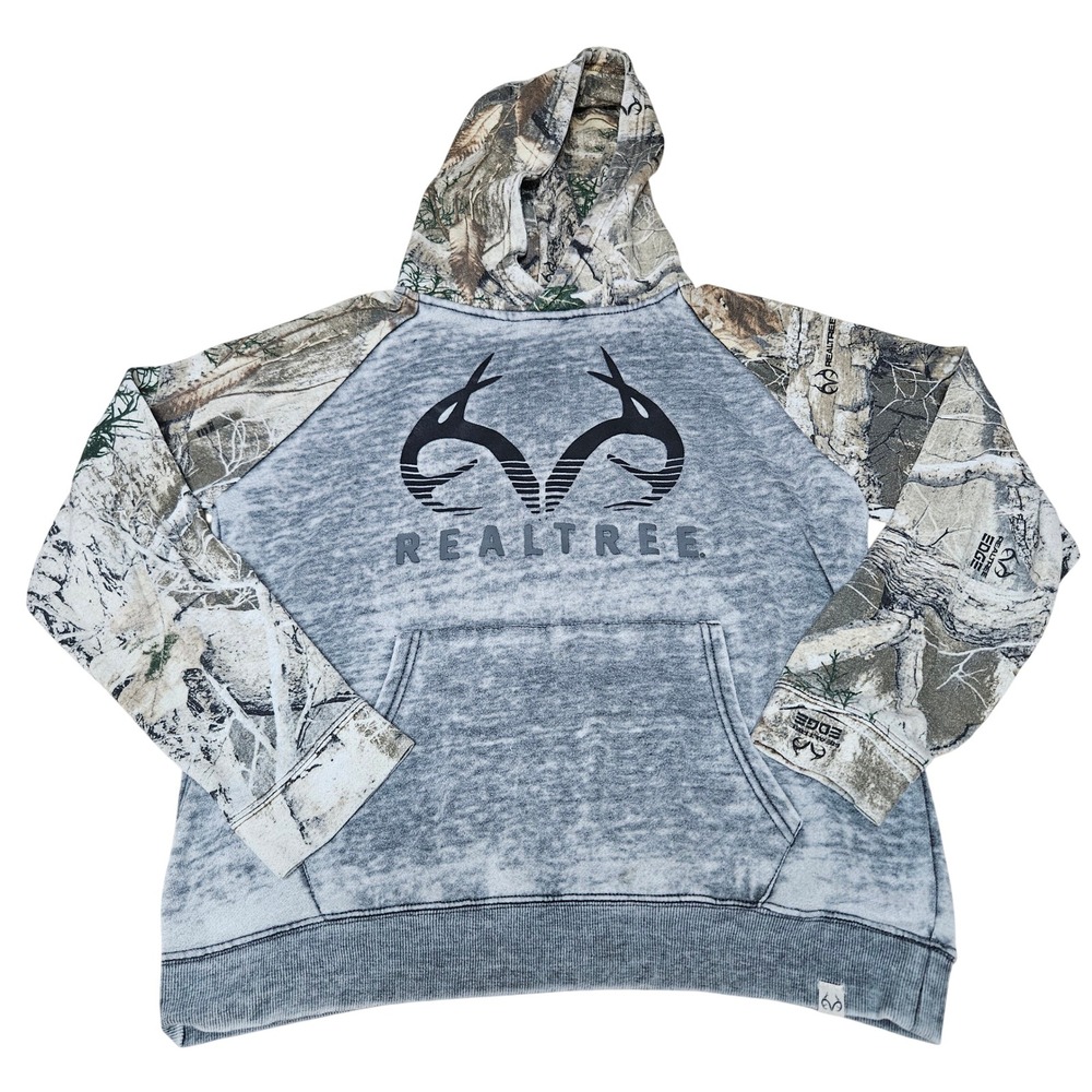 Realtree Edge Kids Camo Hoodie Grey Mineral Wash Pullover Antler Logo Raglan